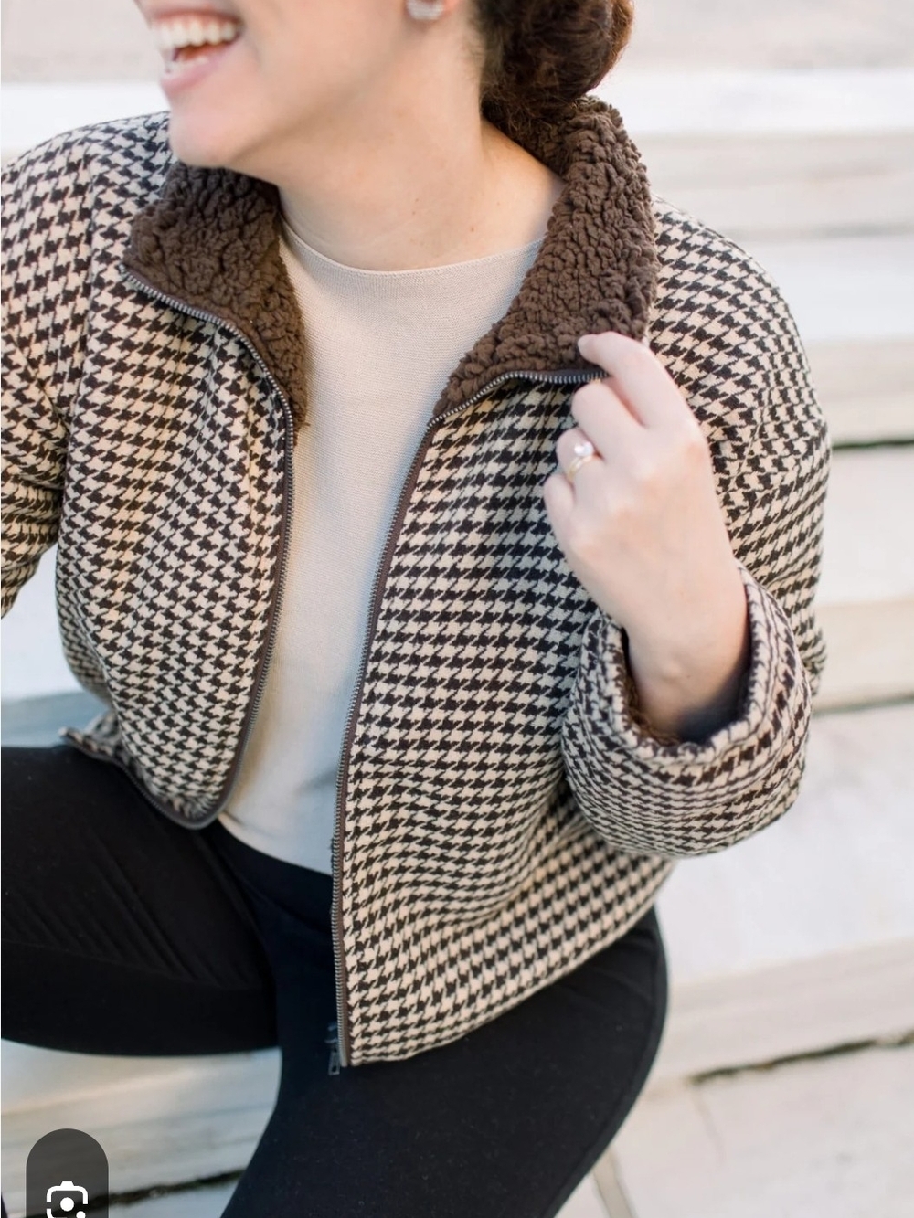 Mystree Houndstooth Teddy-Lined Jacket - Brown/Black